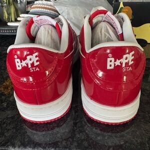 Bape Red and White Patent Low-Top Sneakers